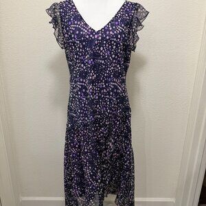 Jonathan Martin purple sleeveless dress, flutter skirt, hem, sleeves, v-neck, 16